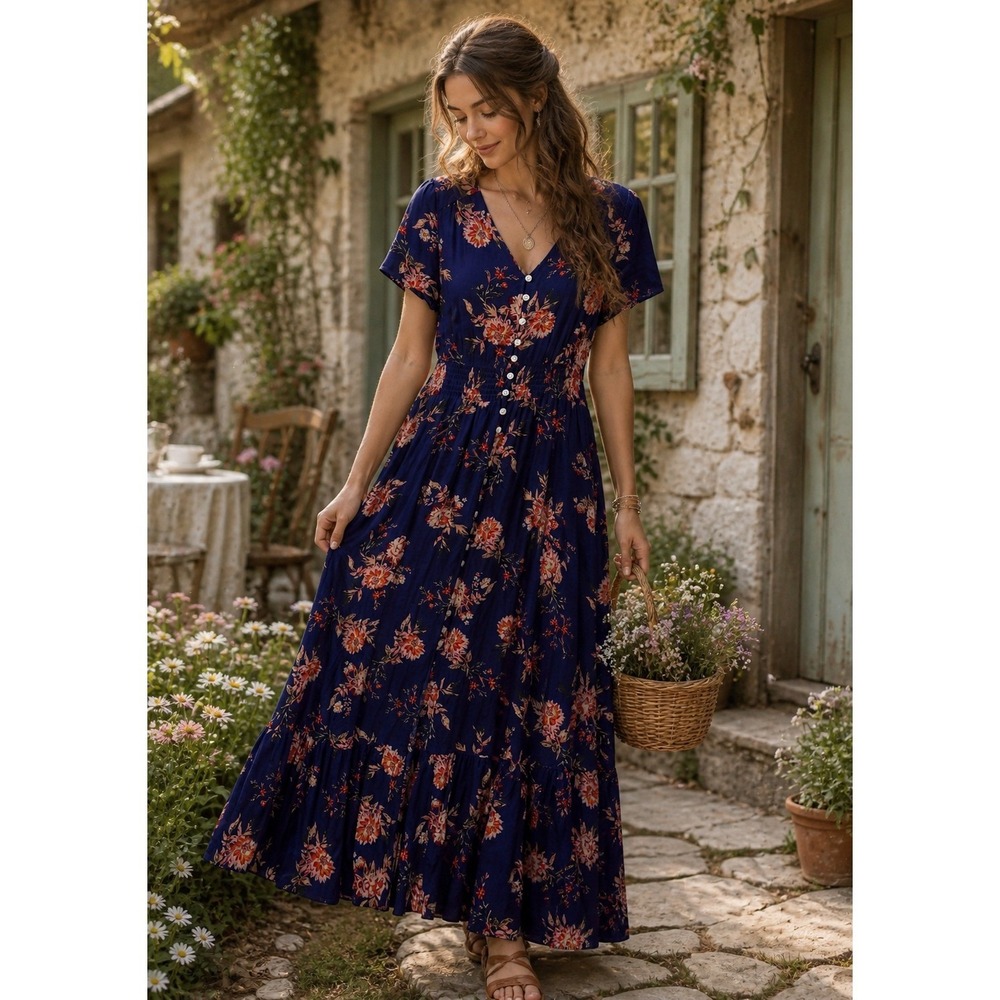 Rusttydustty Maxi Dress 0XL Button Up Smocked Waist Boho Cottagecore Fairy